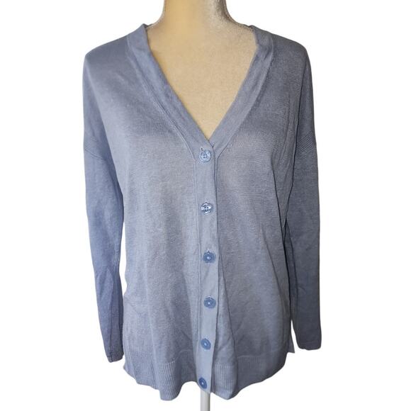 Talbots Petite Light Blue Linen Girlfriend Button Down Sweater Cardigan Size MP - Picture 2 of 7